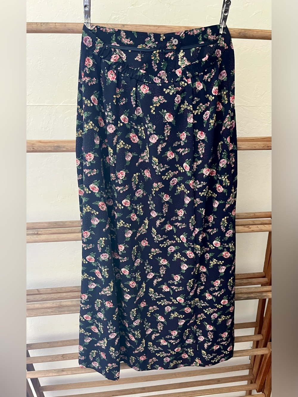 Susan Bristol Navy Maxi Skirt with Pink Rose Print